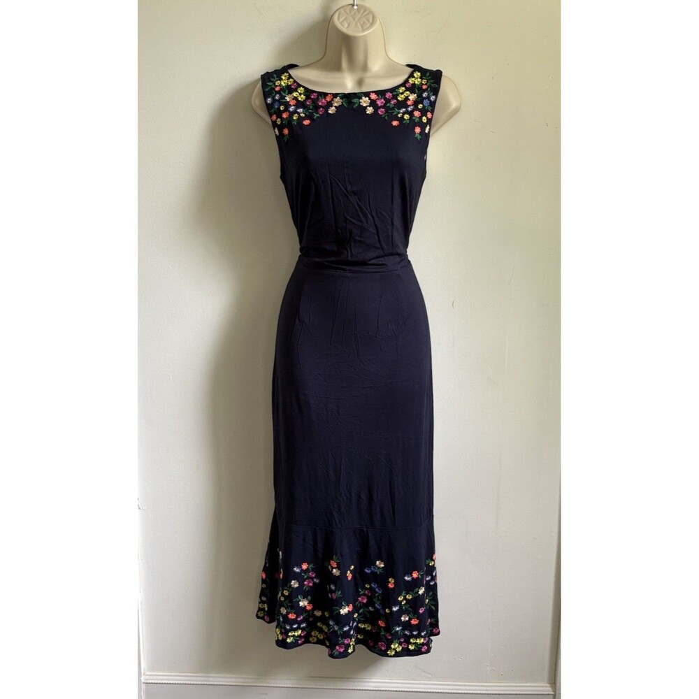 Boden Hattie Navy Scoop Neck Floral Embroidered Knit Midi Dress Sleeveless US 6